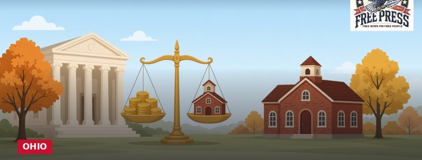 Fostoria News Illustration of courthouse, scales, and school building with autumn trees in background.
